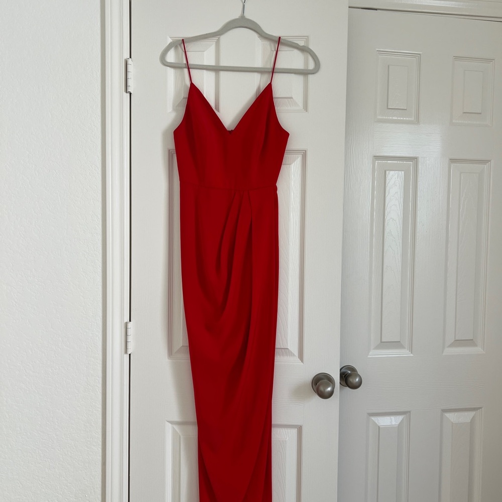 Shona Joy Red Ruched Maxi Dress for Wedding Guest